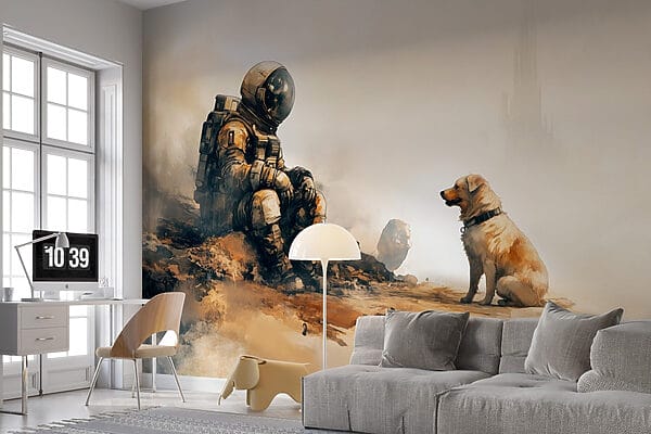 Un astronauta seduto su una roccia che guarda un cane Un astronauta seduto su una roccia che guarda un cane