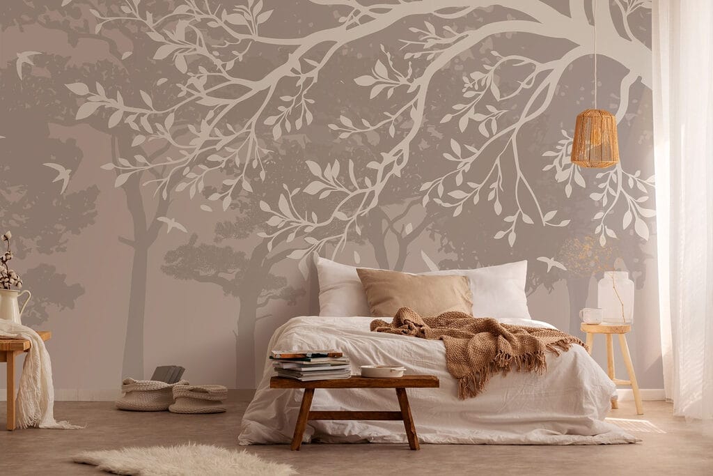 Group of trees with birds flying