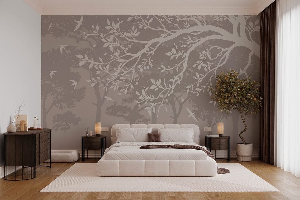 Group of trees with birds flying