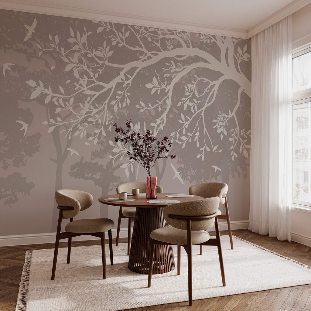 Group of trees with birds flying