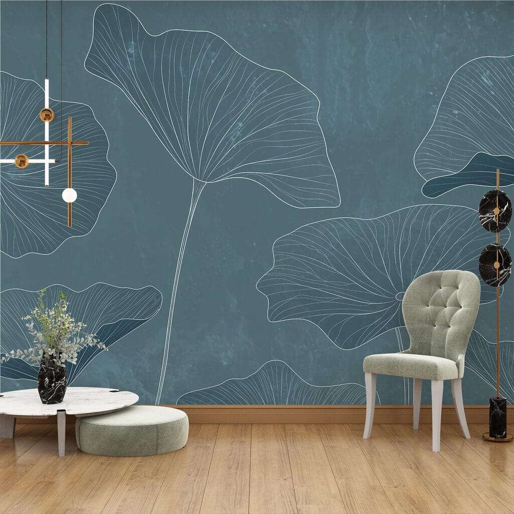 Drawing of leaves on a blue background Drawing of leaves on a blue background