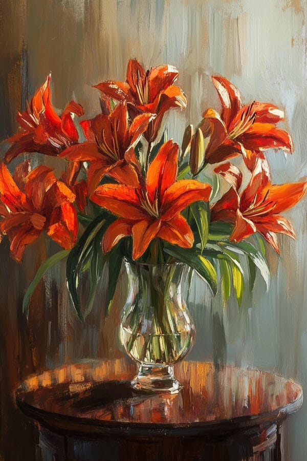 Painting of orange flowers in a glass vase