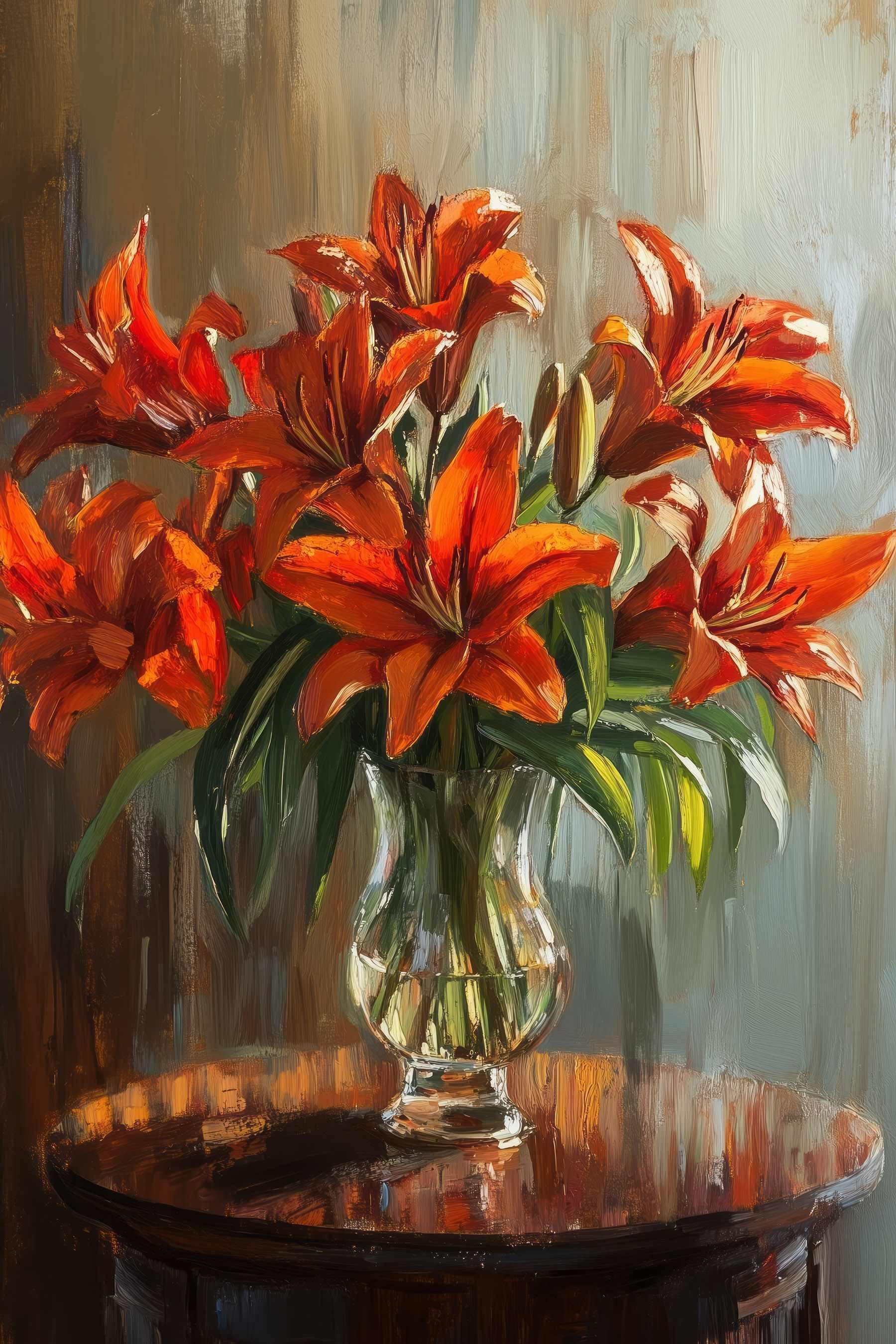 Painting of orange flowers in a glass vase
