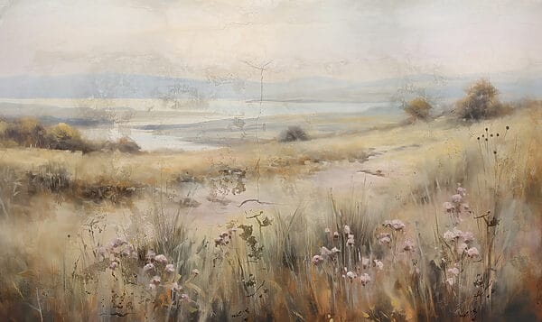 Pittura di un campo con fiori e un lago Pittura di un campo con fiori e un lago