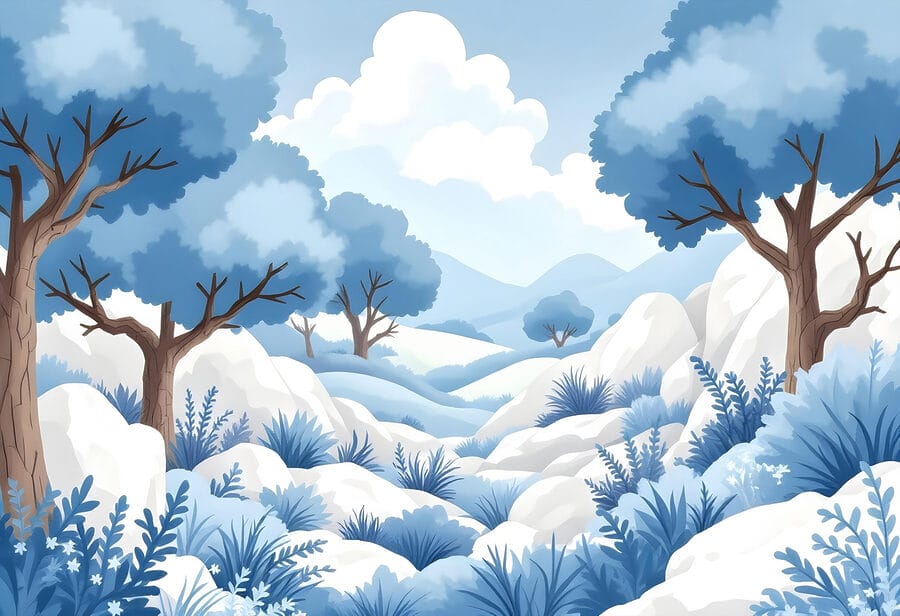 Paesaggio innevato con alberi e cespugli Paesaggio innevato con alberi e cespugli