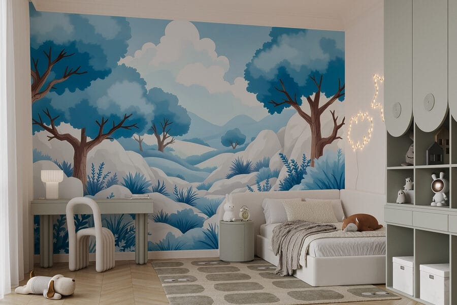 Paesaggio innevato con alberi e cespugli Paesaggio innevato con alberi e cespugli