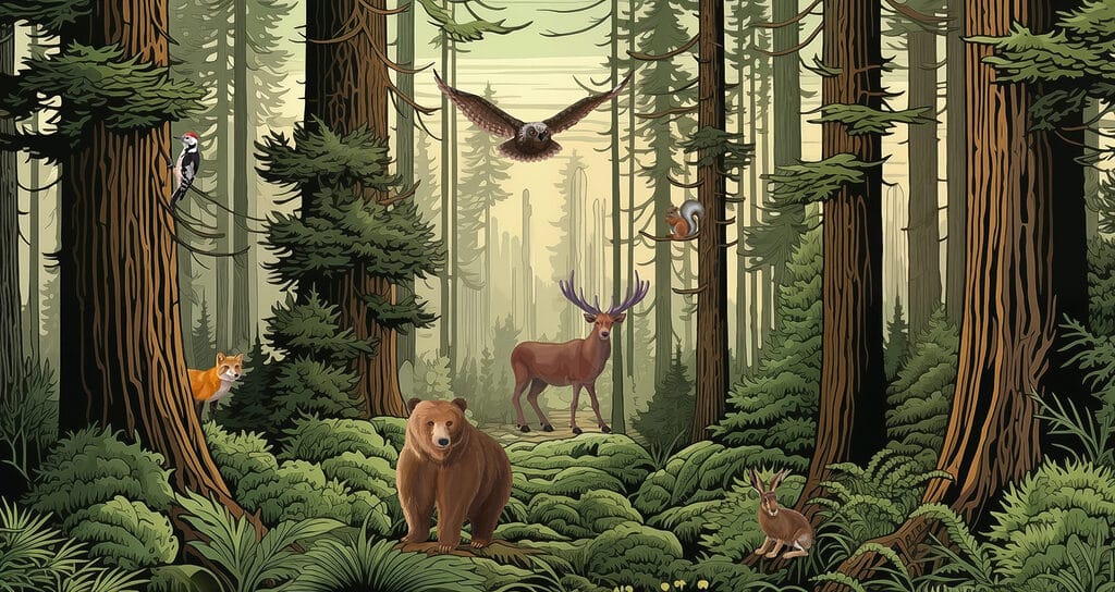 Foresta con animali e uccelli Foresta con animali e uccelli