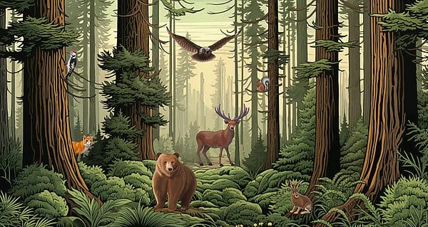Foresta con animali e uccelli Foresta con animali e uccelli