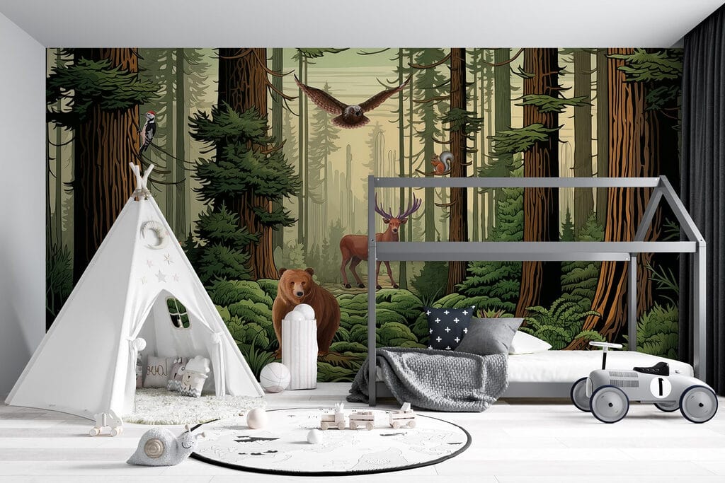 Forest with animals and birds