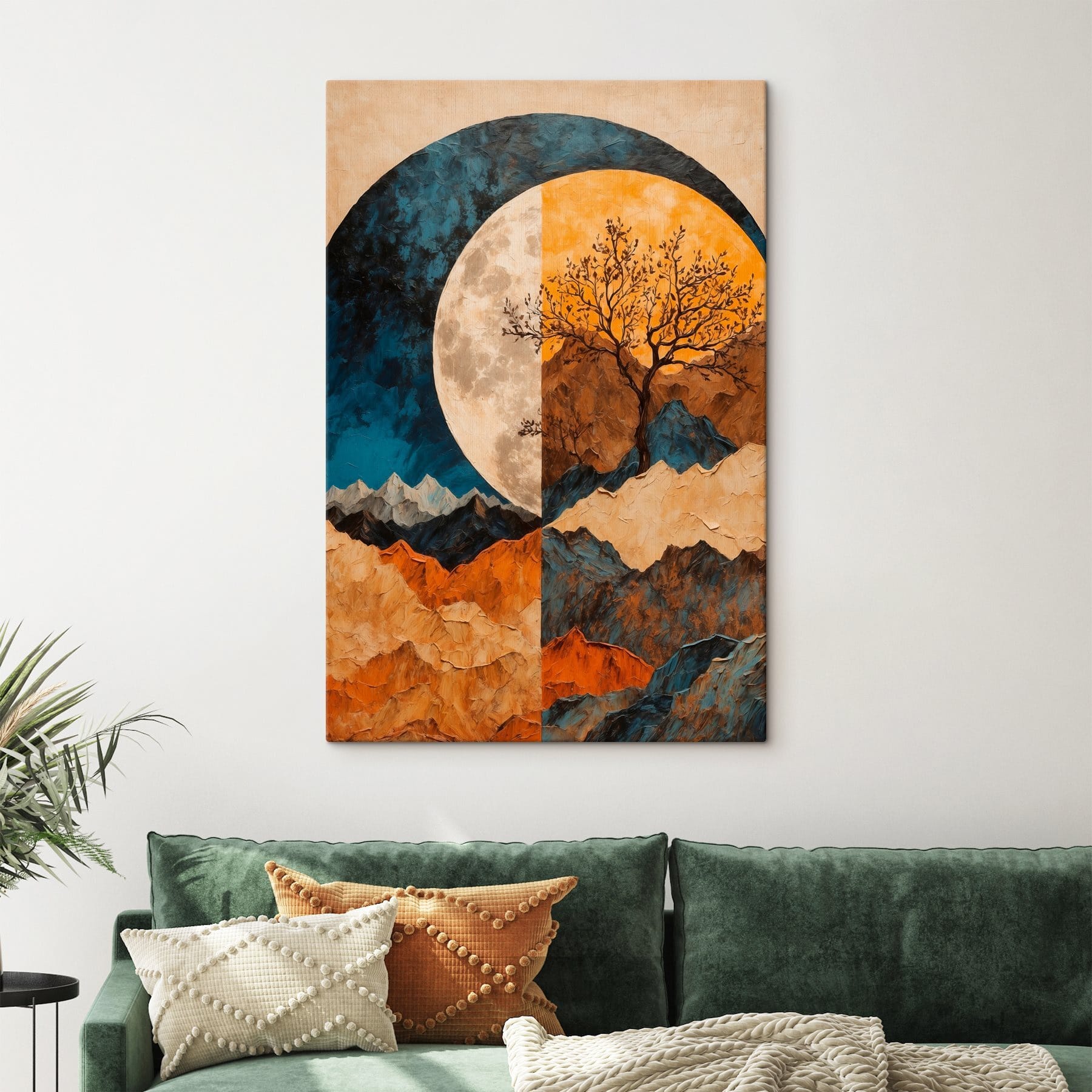 Painting of a tree and mountains