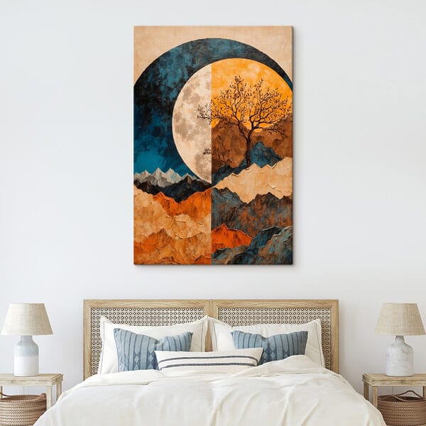 Painting of a tree and mountains