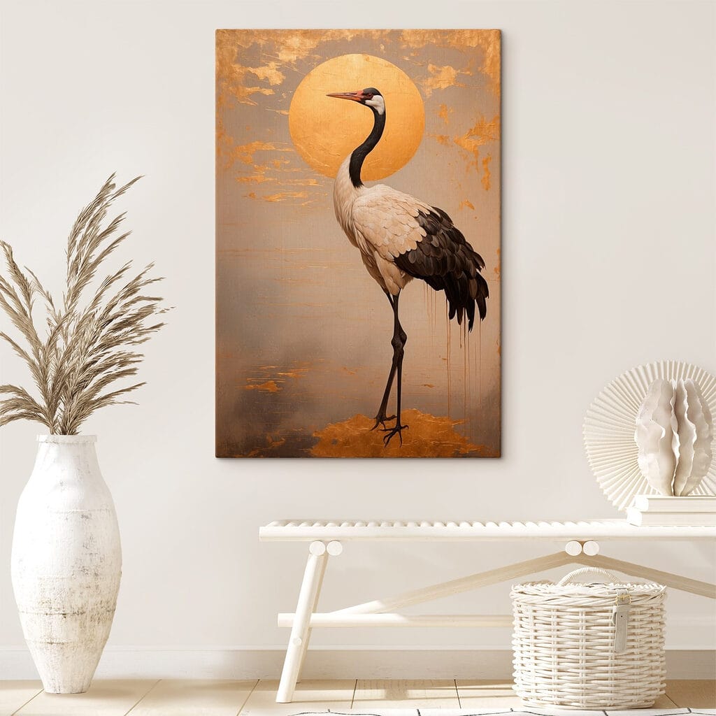 Elegant crane beneath a large sun