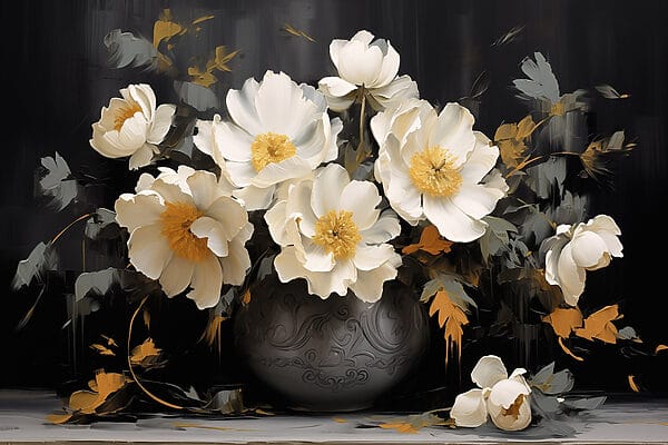 Painting of white flowers in a vase