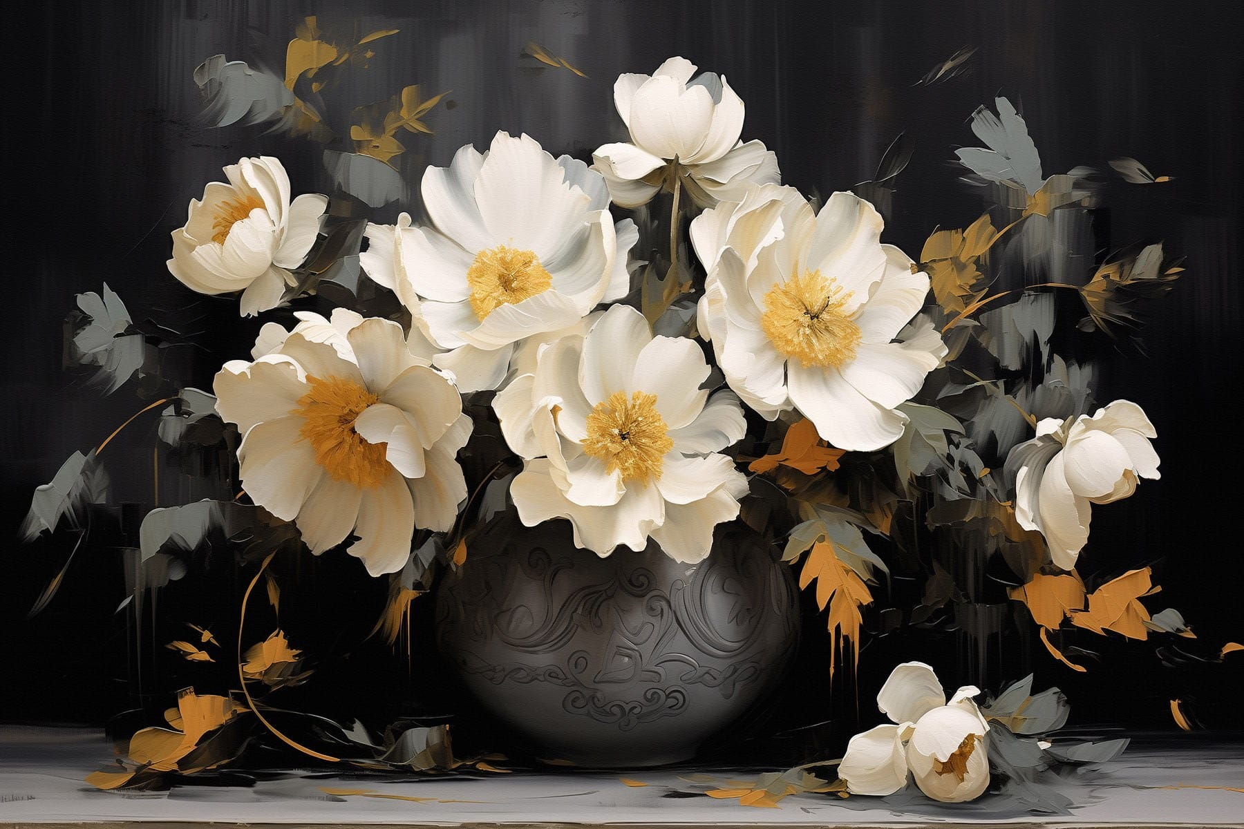 Painting of white flowers in a vase