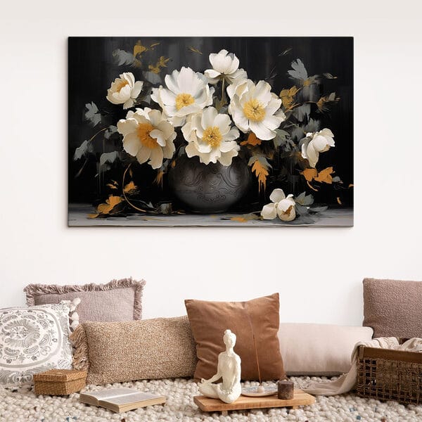 Painting of white flowers in a vase