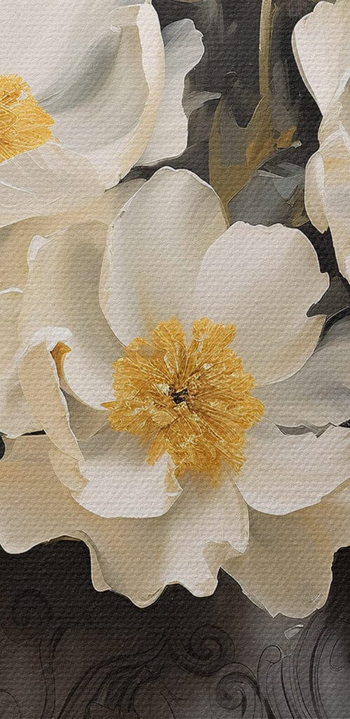 Painting of white flowers in a vase