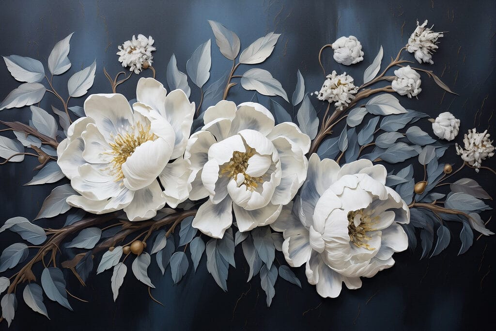 White flowers and leaves on a blue background White flowers and leaves on a blue background