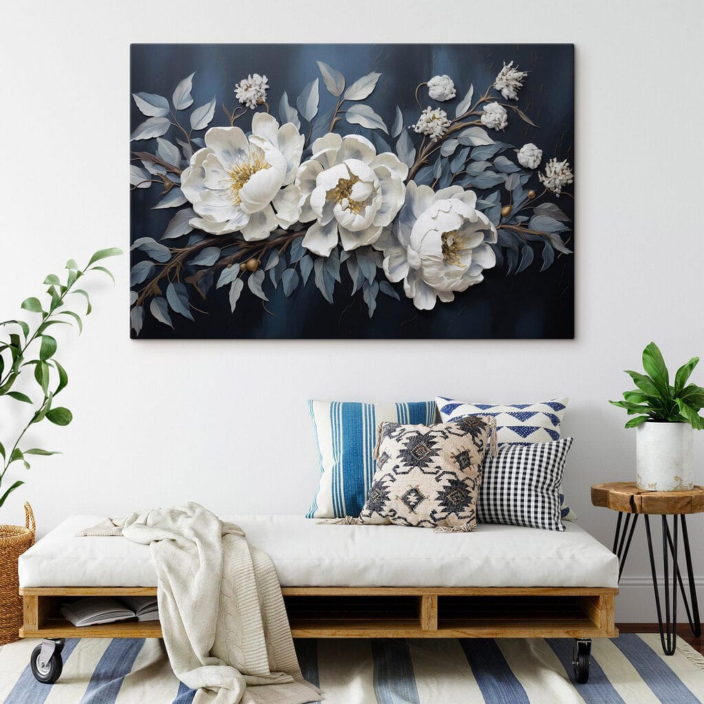 White flowers and leaves on a blue background White flowers and leaves on a blue background