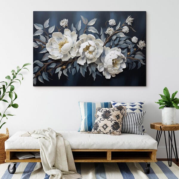 Quadri Quadri Fiori bianchi e foglie su sfondo blu (COD: s42888)