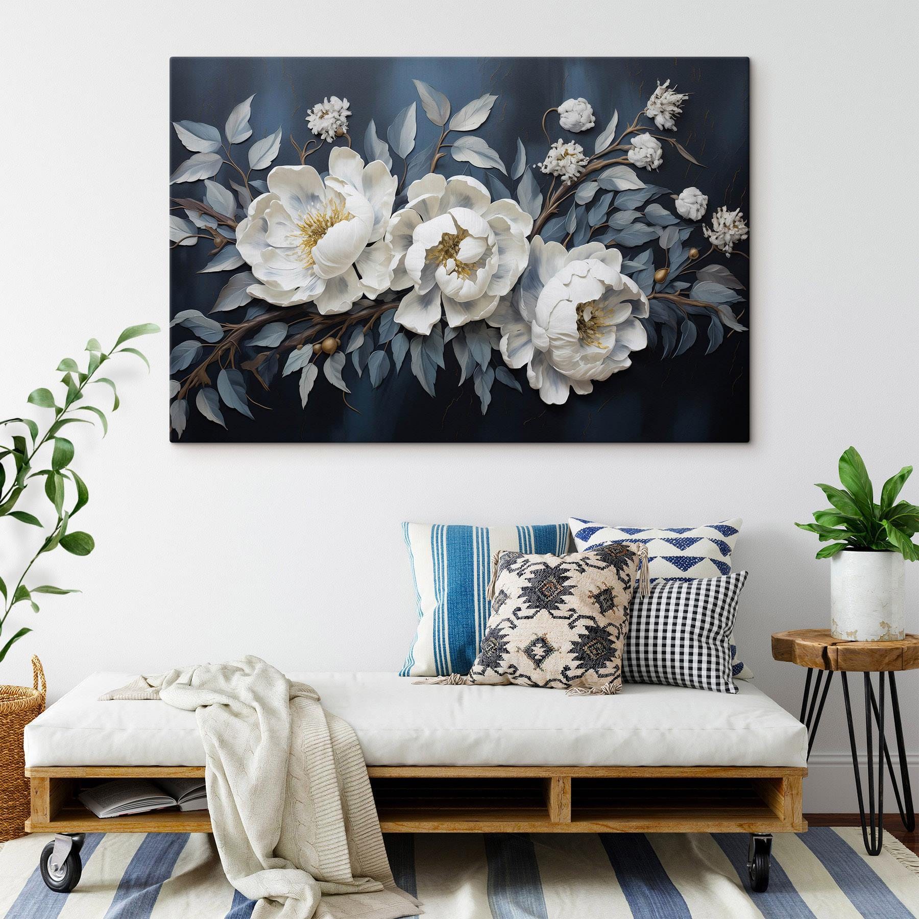 White flowers and leaves on a blue background White flowers and leaves on a blue background