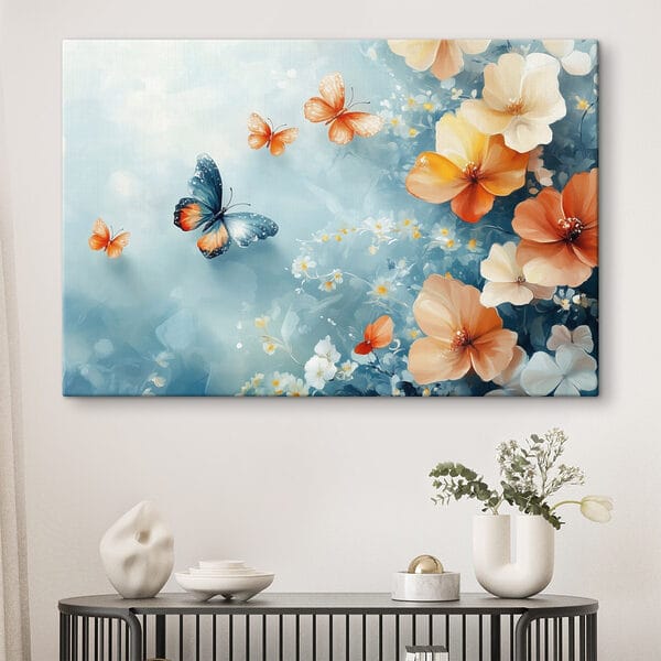 Quadri Farfalle e fiori su sfondo blu (COD: s42974) Quadri Quadri Farfalle e fiori su sfondo blu (COD: s42974)