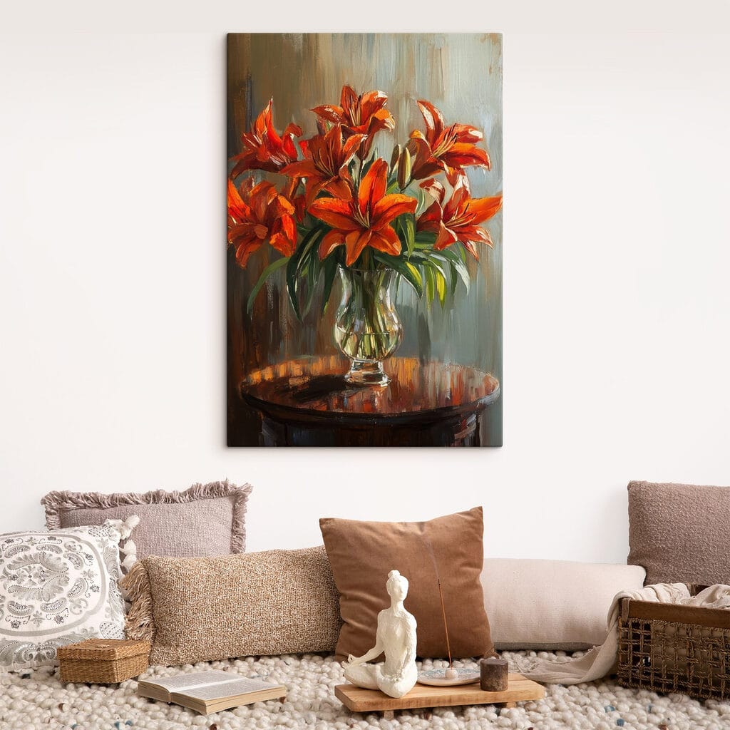 Painting of orange flowers in a glass vase