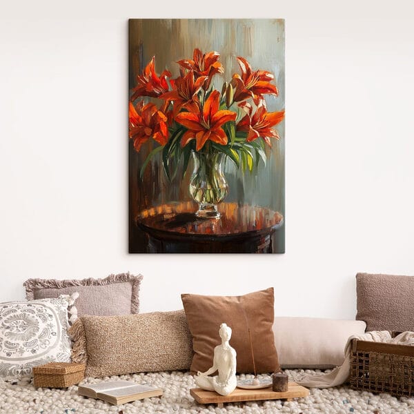 Painting of orange flowers in a glass vase