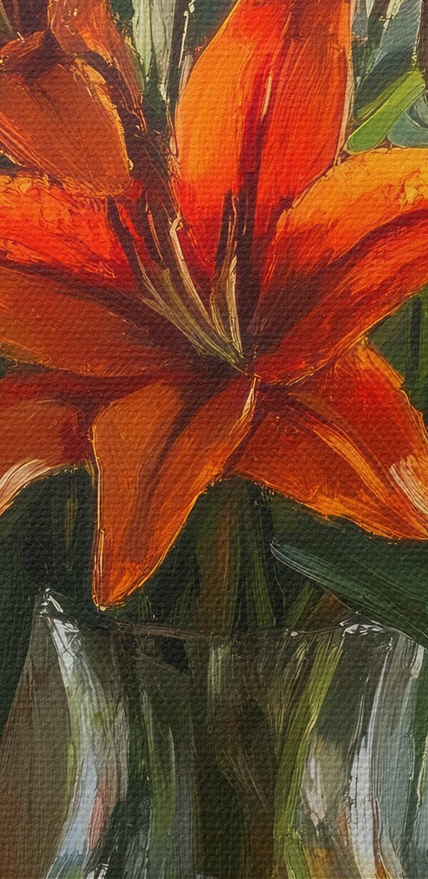 Painting of orange flowers in a glass vase