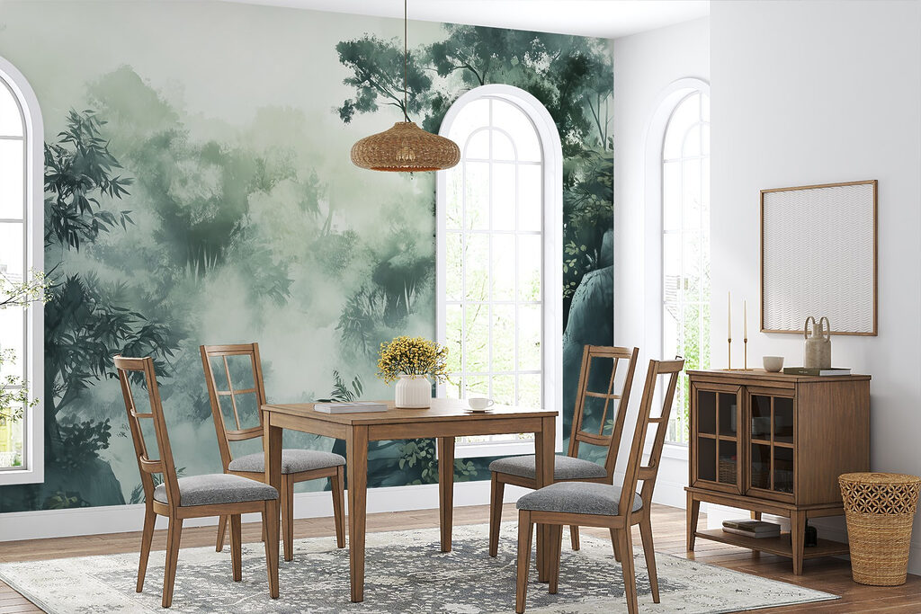 Foggy forest with trees and rocks