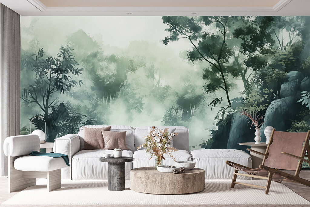 Foggy forest with trees and rocks