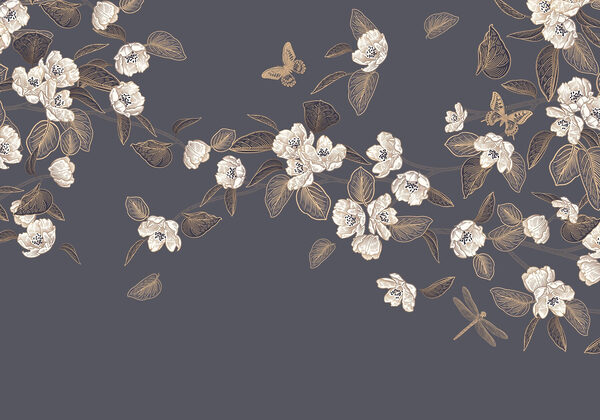 Fiori e foglie bianche su sfondo grigio Fiori e foglie bianche su sfondo grigio