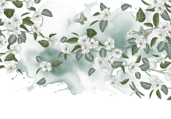 Fiori bianchi e foglie verdi su sfondo bianco Fiori bianchi e foglie verdi su sfondo bianco