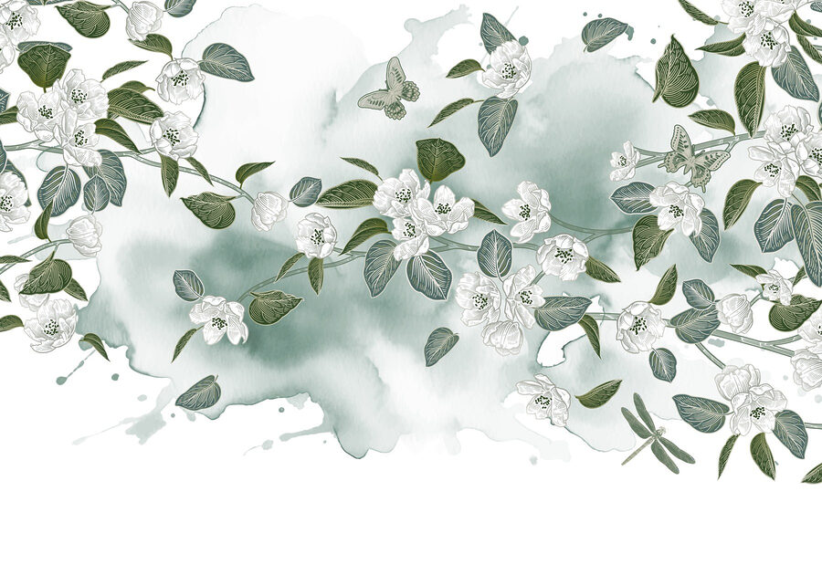 Fiori bianchi e foglie verdi su sfondo bianco Fiori bianchi e foglie verdi su sfondo bianco