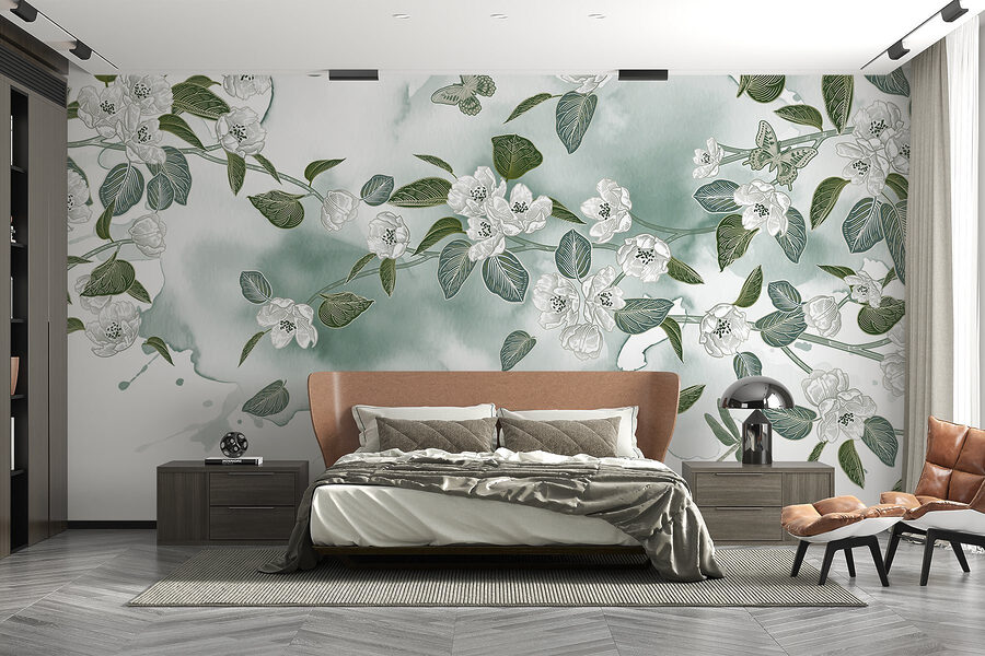 Fiori bianchi e foglie verdi su sfondo bianco Fiori bianchi e foglie verdi su sfondo bianco