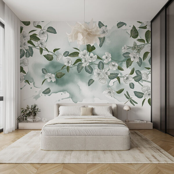 Fiori bianchi e foglie verdi su sfondo bianco Fiori bianchi e foglie verdi su sfondo bianco