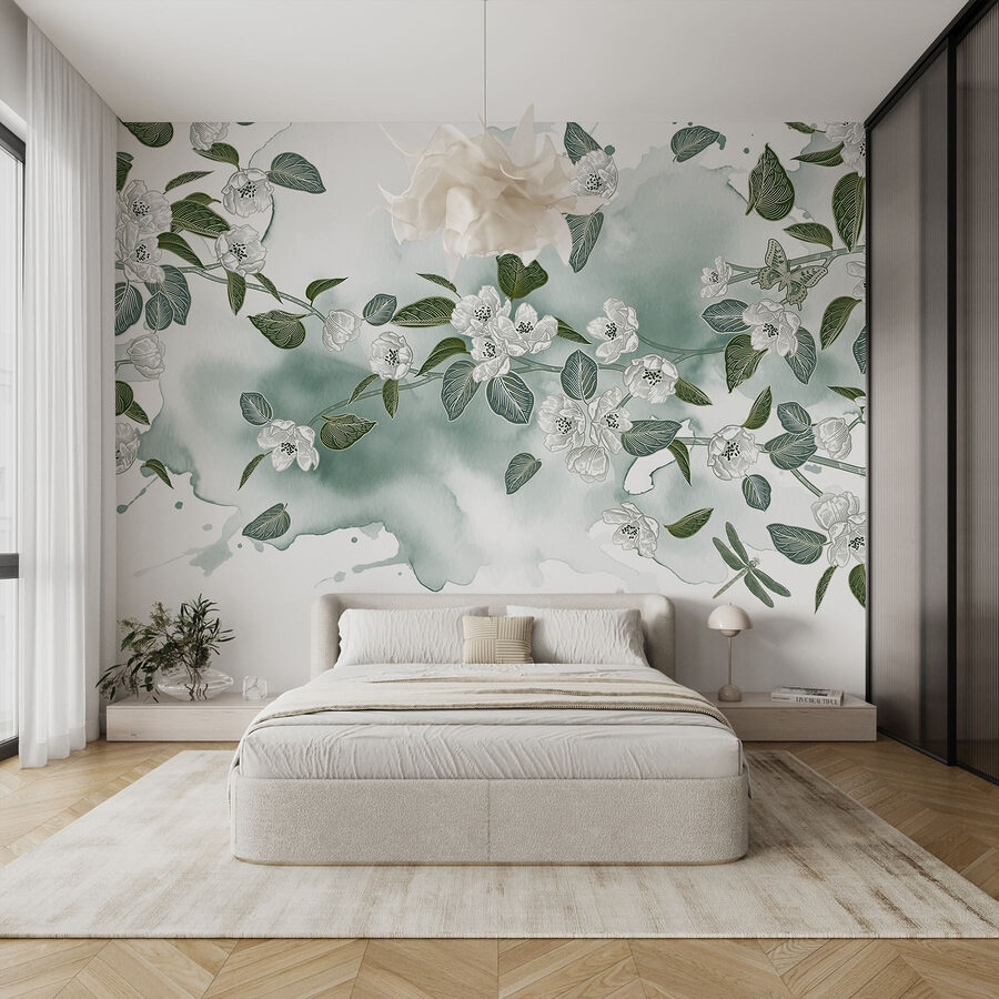 Fiori bianchi e foglie verdi su sfondo bianco Fiori bianchi e foglie verdi su sfondo bianco