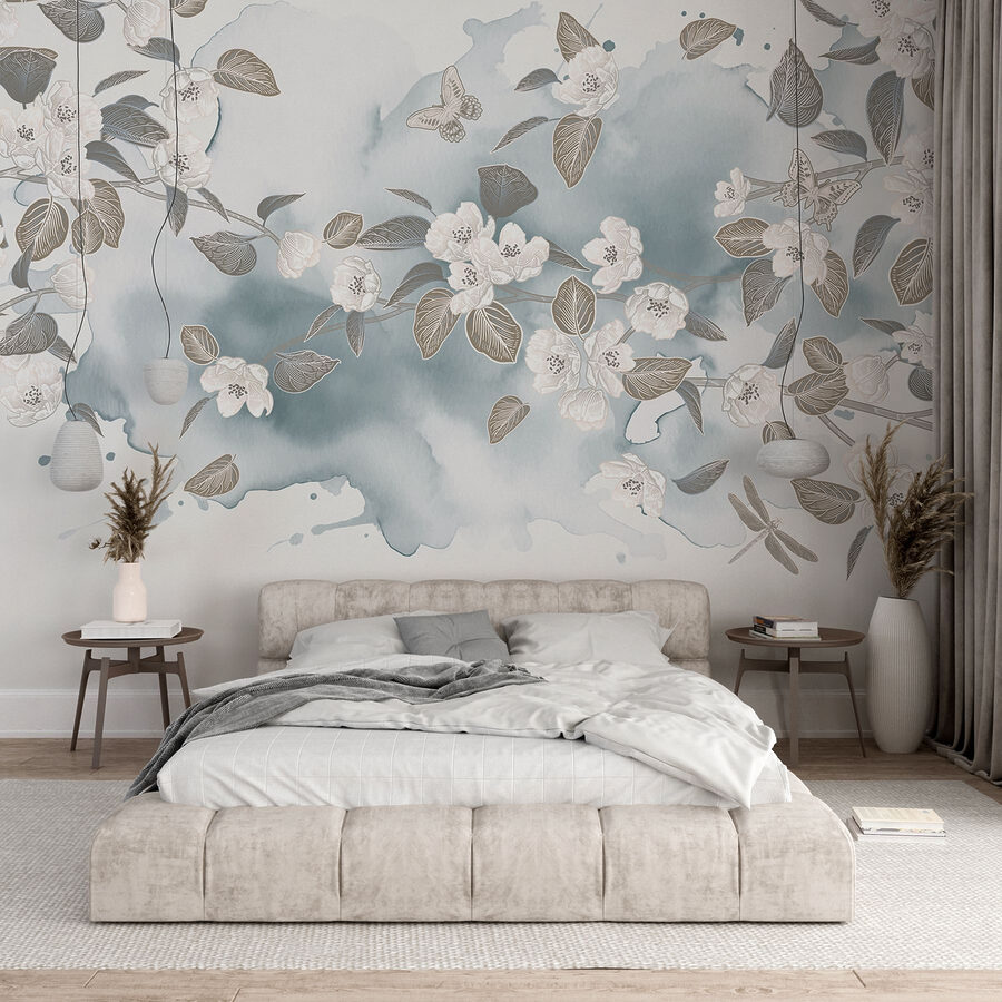 Fiori e foglie bianche su sfondo blu