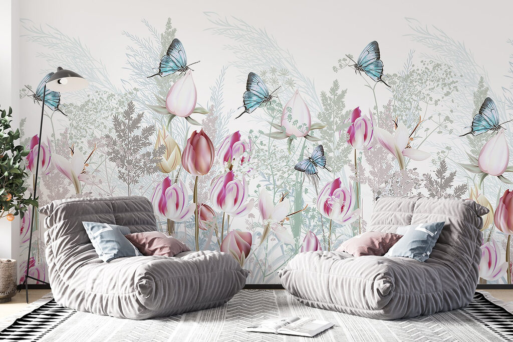 Fluttering butterflies among blooming flowers