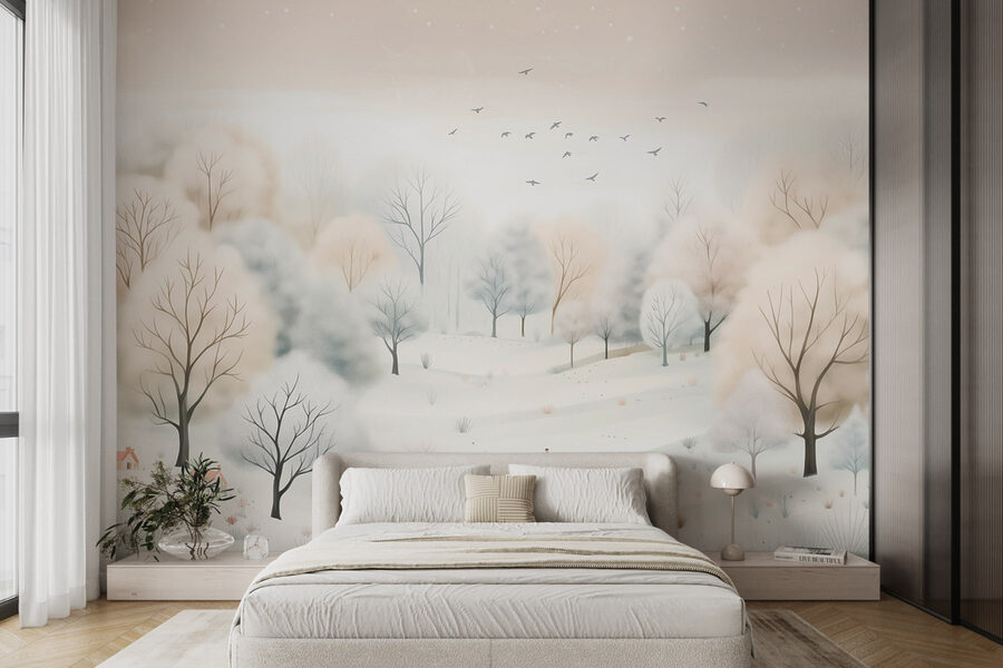 Paesaggio innevato con alberi e uccelli Paesaggio innevato con alberi e uccelli
