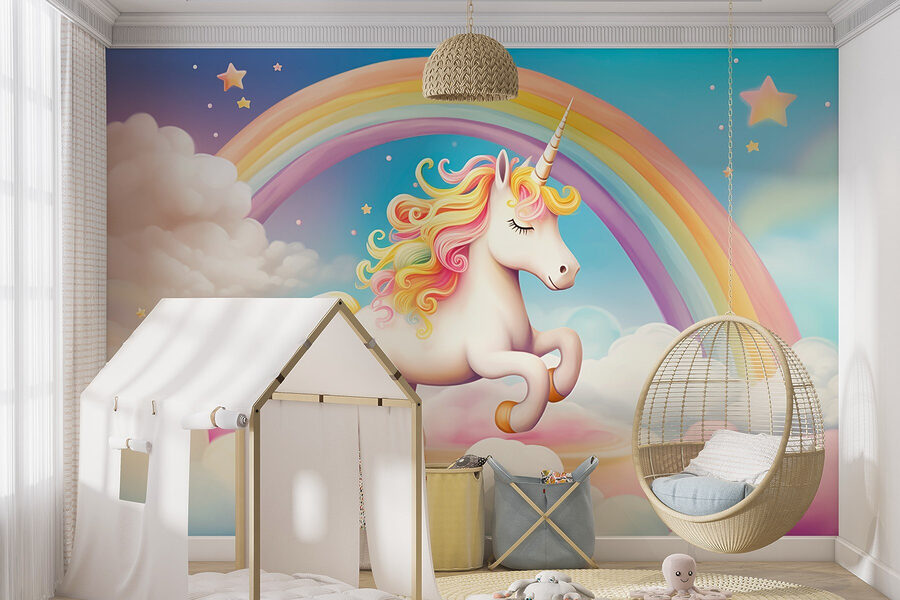 Unicorno con arcobaleno e nuvole