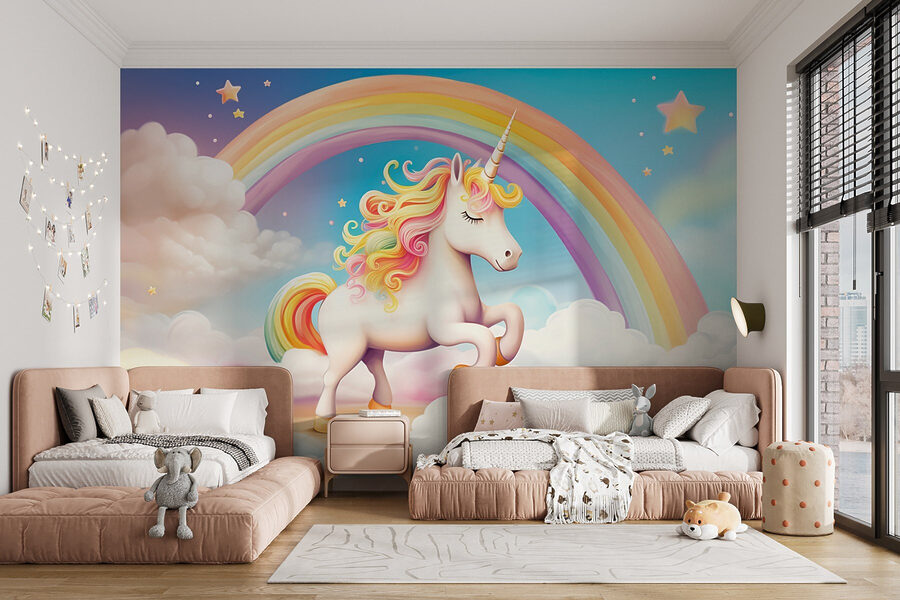 Unicorno con arcobaleno e nuvole
