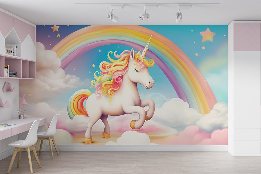 Unicorno con arcobaleno e nuvole