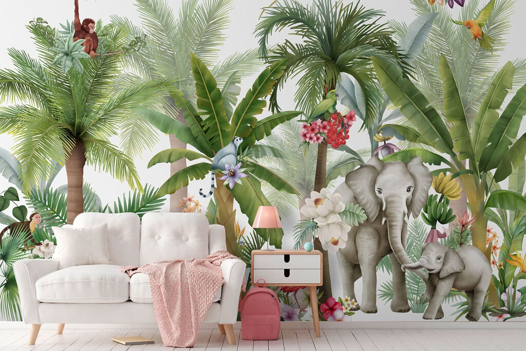 Wallpaper with animals and birds in the jungle