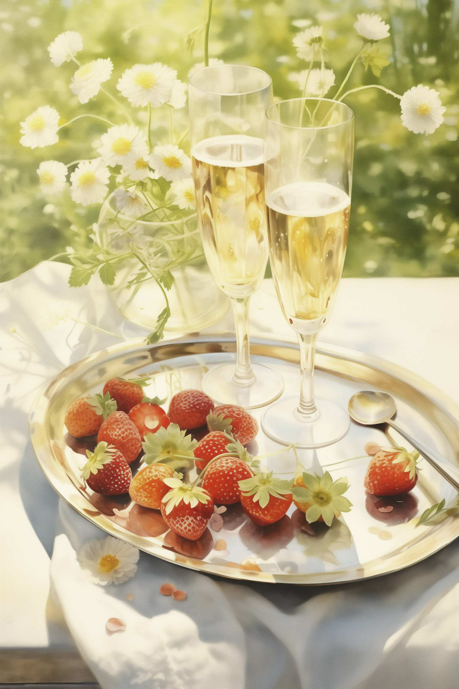 Tray of champagne and strawberries Tray of champagne and strawberries