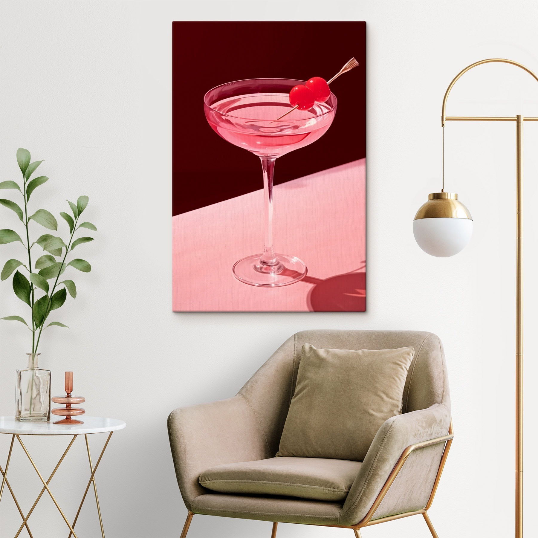 Glass with pink liquid and two cherries on it Glass with pink liquid and two cherries on it