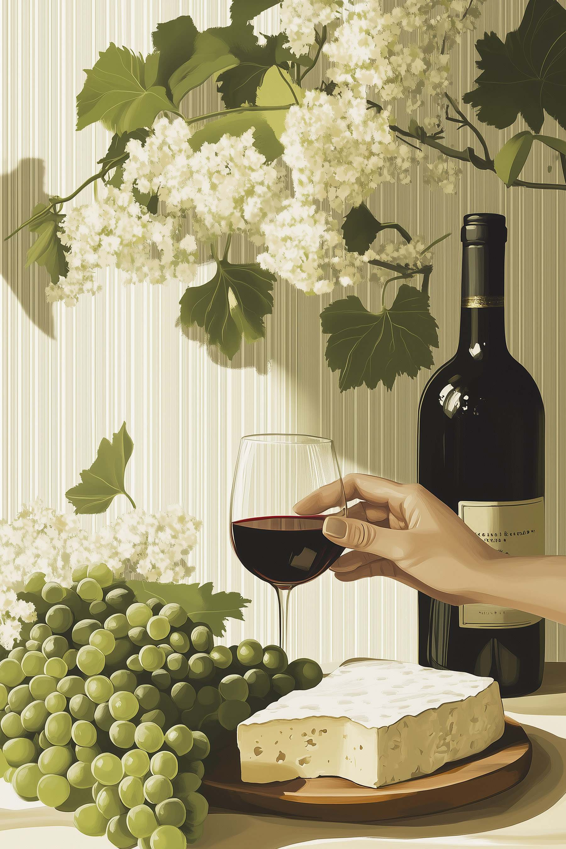 Hand holding a glass of wine next to a bottle of wine