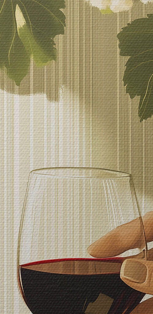Hand holding a glass of wine next to a bottle of wine