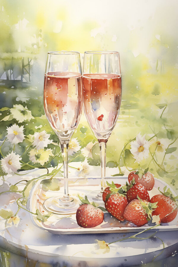 Watercolor painting of two glasses of champagne and strawberries on a tray