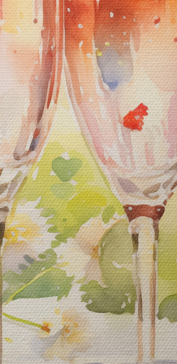 Watercolor painting of two glasses of champagne and strawberries on a tray