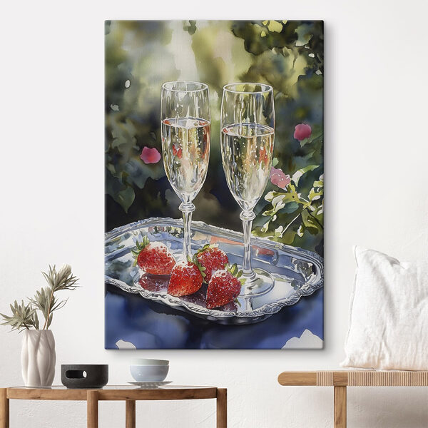 Quadri Quadri Due bicchieri di champagne e delle fragole su un vassoio (COD: s43057)